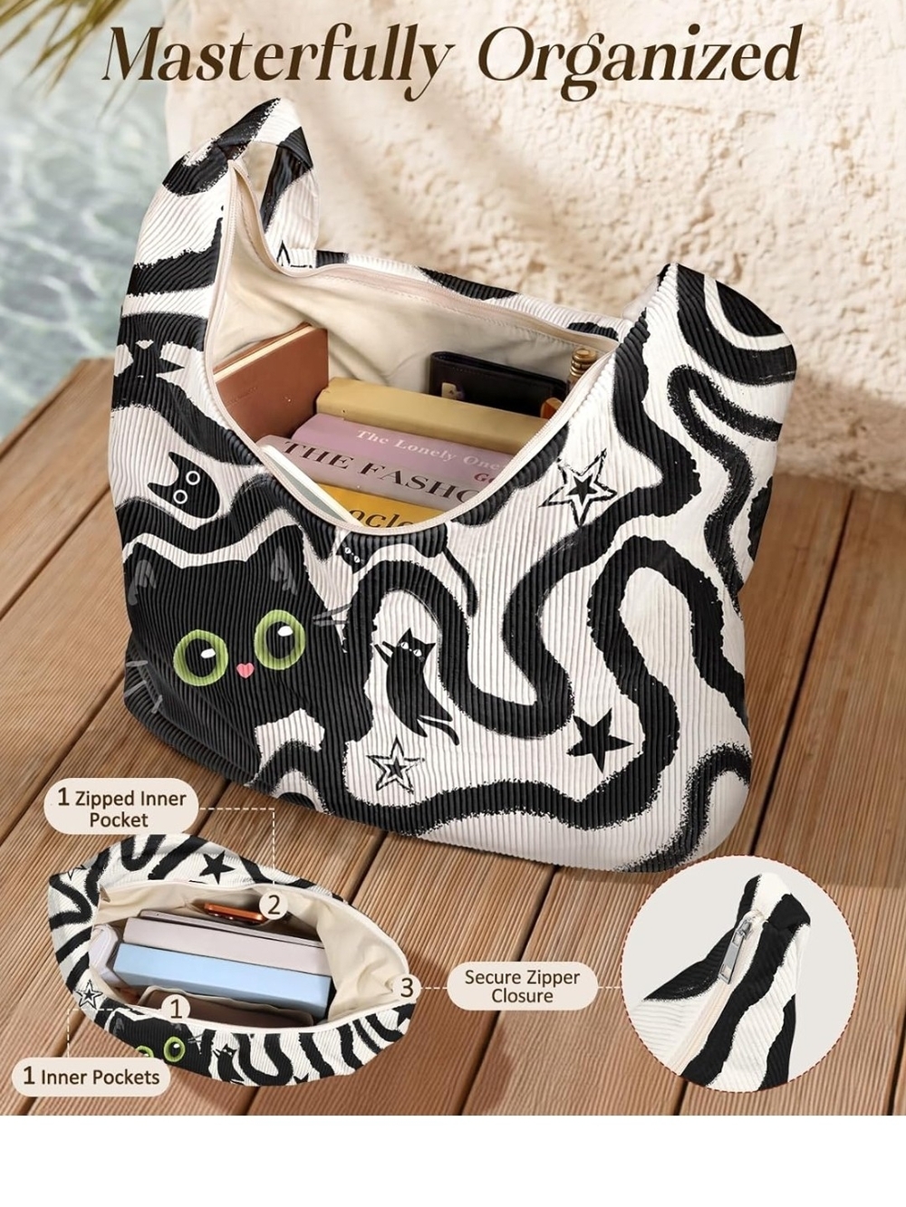 Black & White Cat Print Tote with Neon Green Eyes - Picture 3 of 4